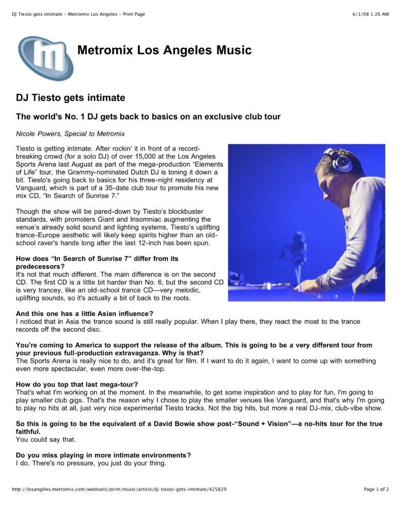 Metromix: DJ Tiesto Gets Intimate